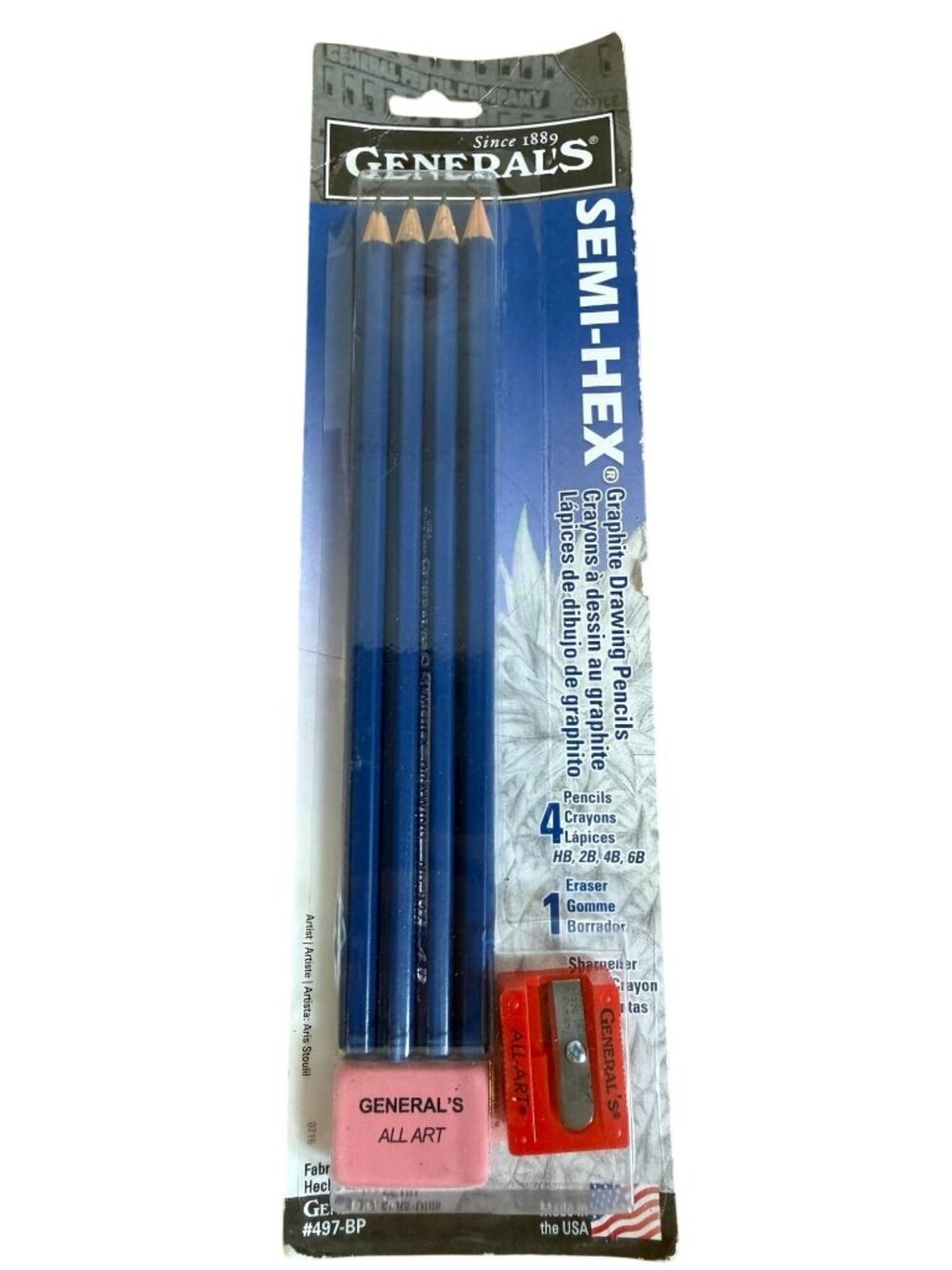 Generals Semi-Hex Graphite Drawing Pencil Set Eraser & Sharpener 4 HB 2B 4B 6B